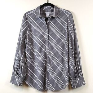 Chico's Billow Sleeve Gray & White Plaid Poplin Button Front Blouse Size 12